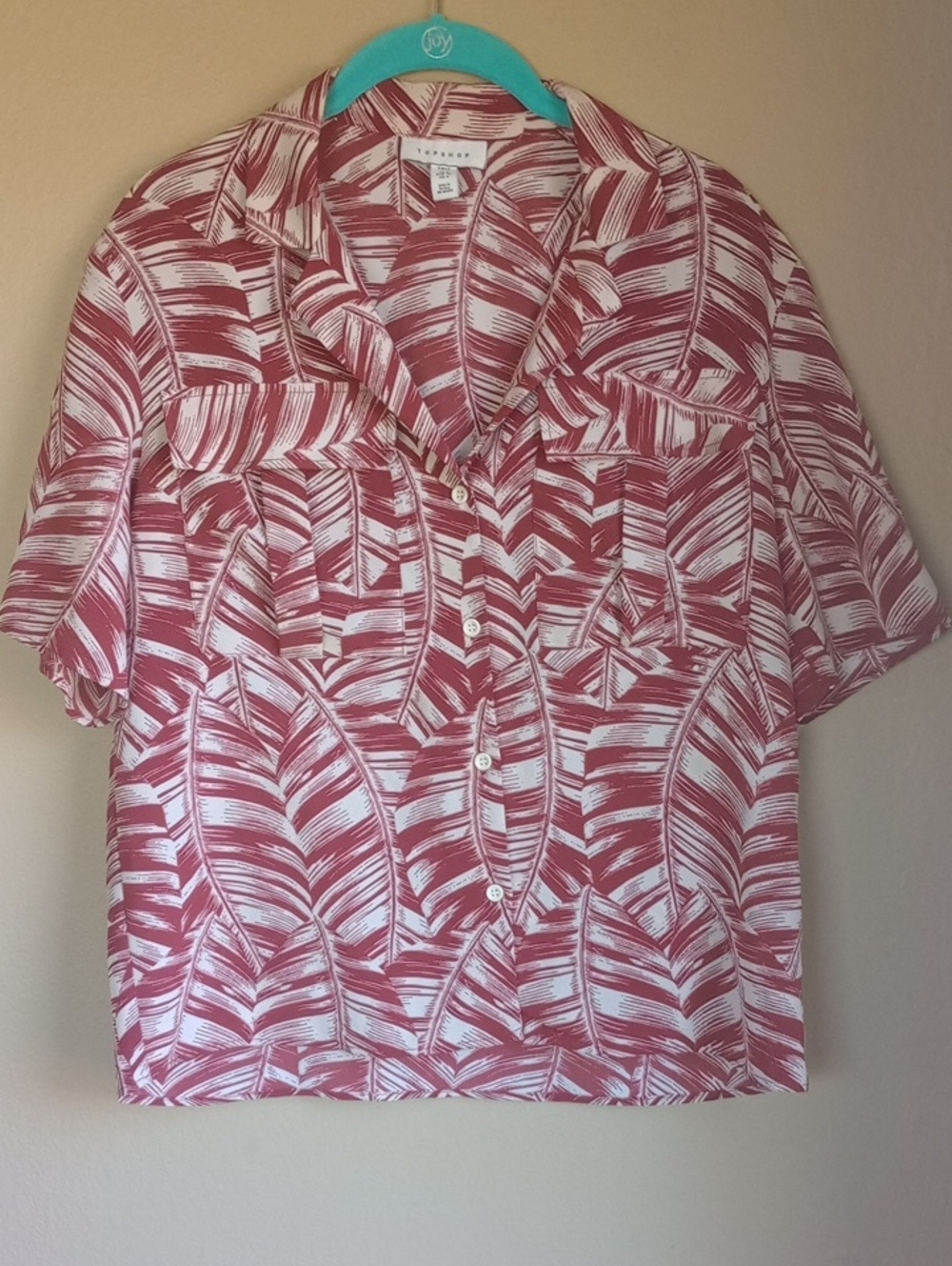 TopShop Red White Tropical Short Sleeve Button Crop Shirt Size 4